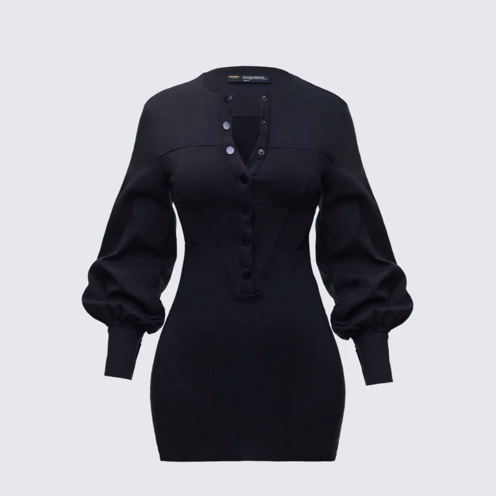 Finesse Black Long-Sleeve Puff Cuff Button-Front Bodycon Dress